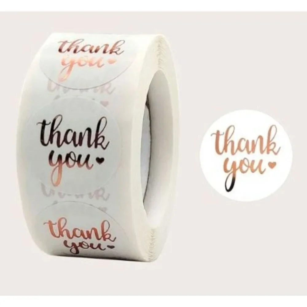 1000 Thank You Stickers Metallic Script Roll Round 1 inch 500x2